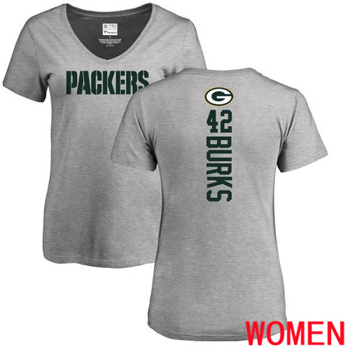 Green Bay Packers Ash Women #42 Burks Oren Backer V-Neck Nike NFL T Shirt